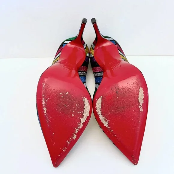 Christian Louboutin Pigalle Follies 100 Striped Glitter Pumps Rainbow Multicolor - Picture 9 of 14